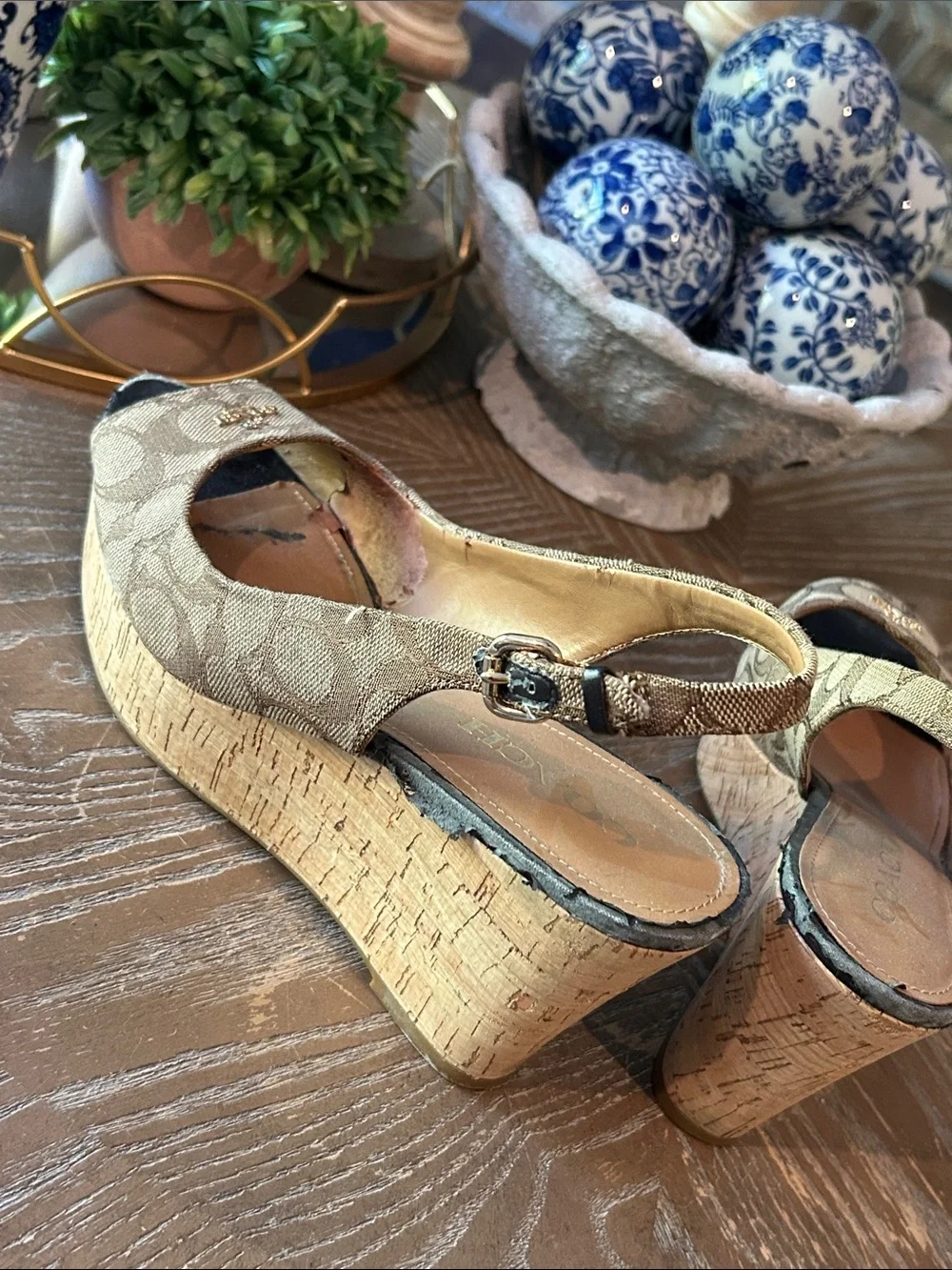 Coach Tan Signature Canvas Peep-Toe Slingback Wedge Espadrille Sandals 8